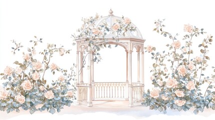 Elegant Gazebo with Roses in Garden; Decorative; Romantic Setting; Digital Art; Stock Photo