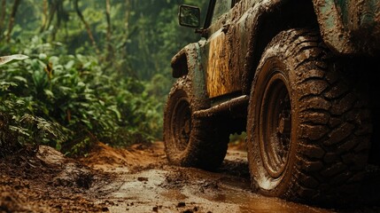 Close-up of muddy tires on a rugged vehicle, with dirt caked on the wheels and a lush green forest surrounding a dirt path, showcasing off-road adventure and nature terrain