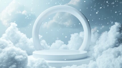 Winter scene, product display, floating clouds, snow, presentation, background, 3D, digital