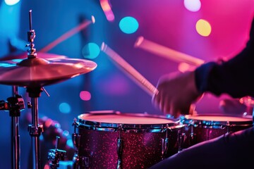 Naklejka premium Vibrant drumming performance during live music event with colorful lights