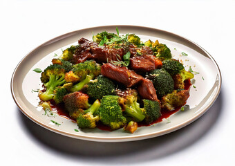 Broccoli with beef dish on a white background 