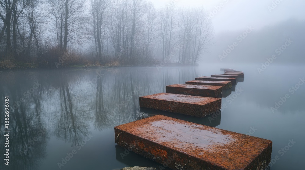 Poster fog-covered rusted stepping stones over calm water, surrounded by barren trees, creating an atmosphe