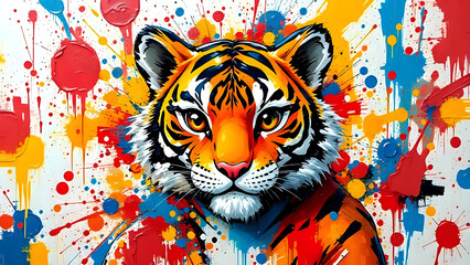 3D Tiger art in abstract colourful background.