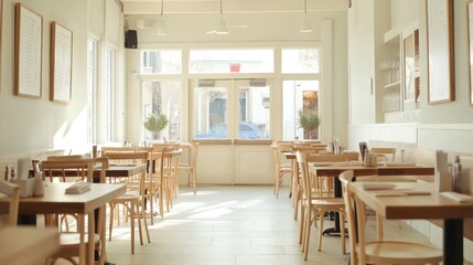 Empty cafe interior, sunlight streaming through windows, potential for business, restaurant, commercial, or food photography