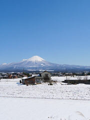  雪化粧の大山と田舎道 