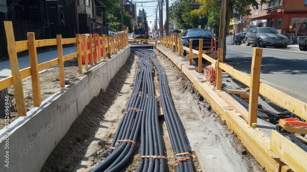 Poster multiple utility cables and conduits neatly placed in a concrete-supported trench with wooden safety