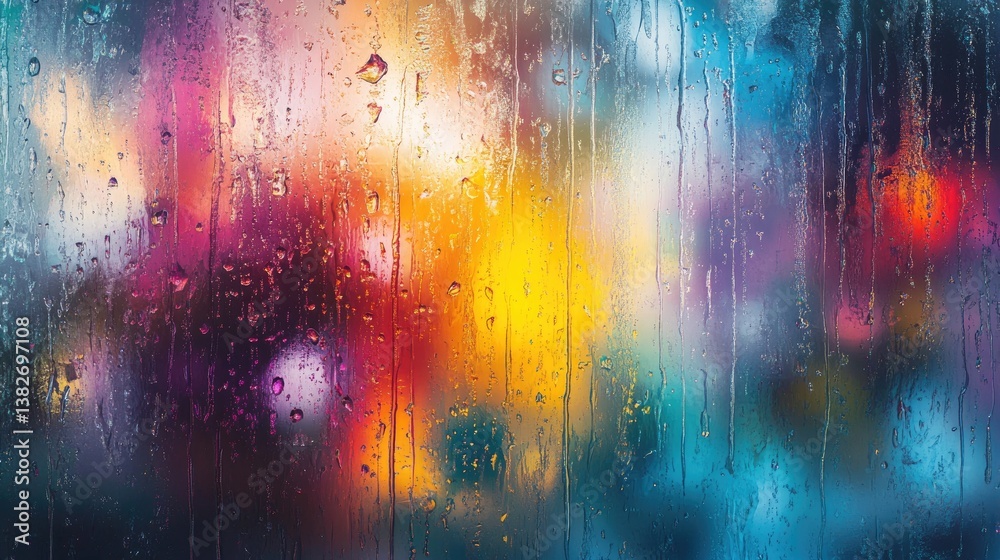 Poster Raindrops streak down a window, creating a blurred effect with colorful lights in the background, forming an artistic and dreamy scene that evokes a sense of calm and introspection