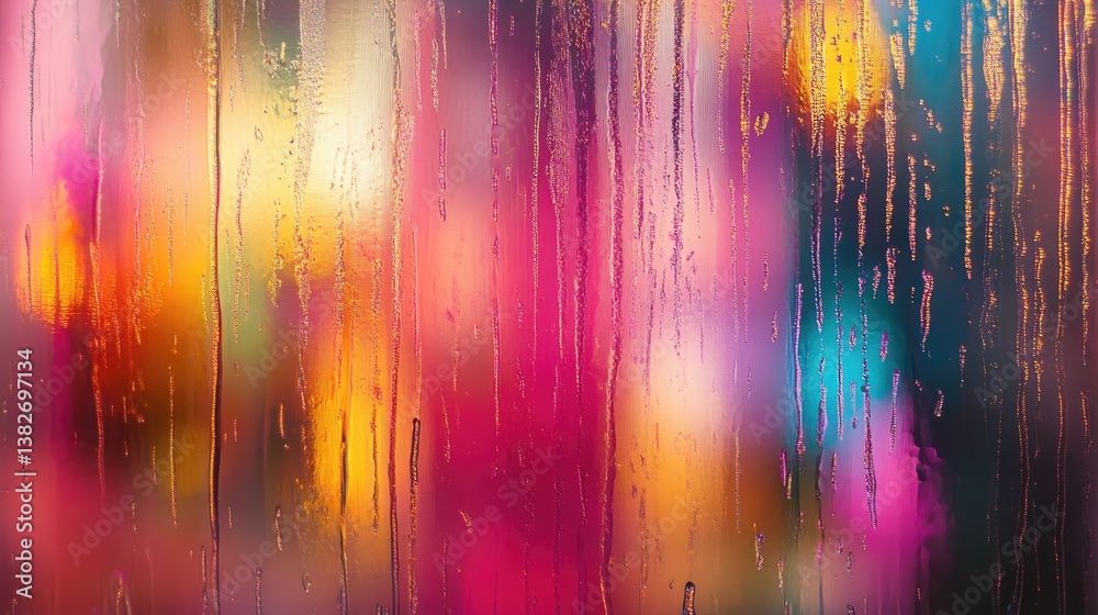 Poster Raindrops streak down a window, creating a blurred effect with colorful lights in the background, forming an artistic and dreamy scene that evokes a sense of calm and introspection