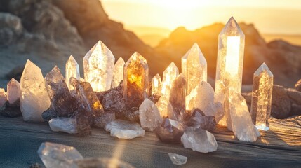 Sparkling crystals or minerals are beautifully arranged on a wooden surface, with a bright sunbeam illuminating a distant rocky landscape in the background, capturing the magic of natural light