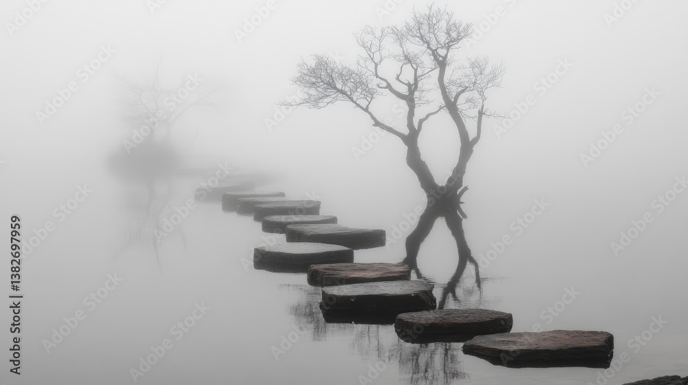 Poster still waters reflect the rusted stepping stones in a foggy landscape, with skeletal trees adding to 