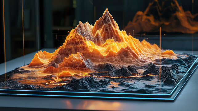 stunning holographic terrain visualization showcases mountain range with vibrant orange and yellow peaks, set against dark background. intricate details and glowing lines create captivating 3D - Powered by Adobe