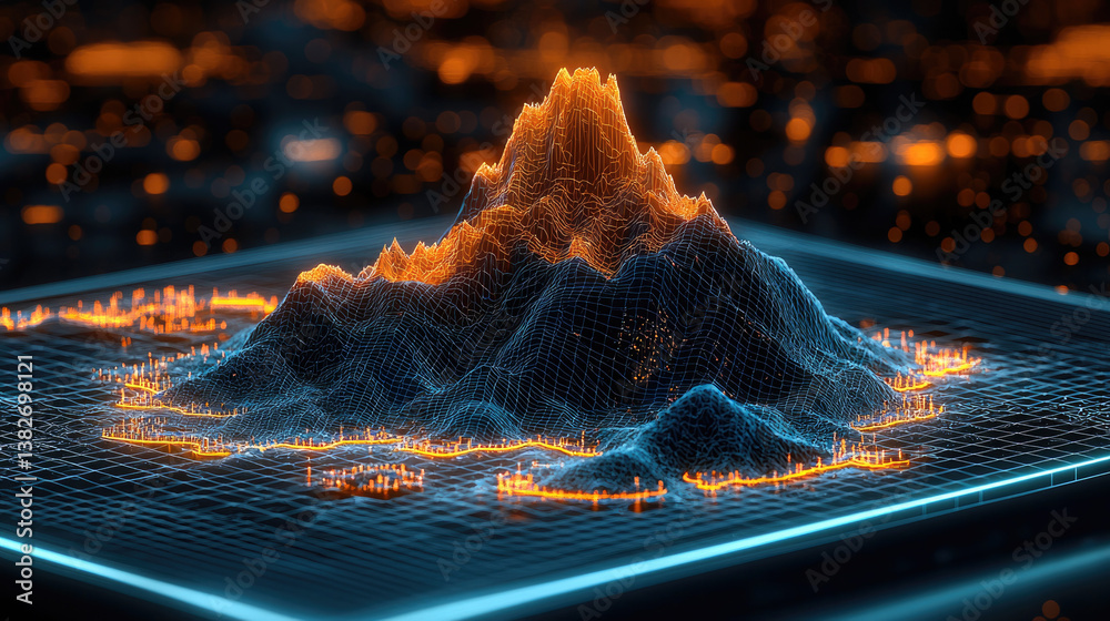 Poster stunning 3d holographic terrain visualization showcases mountain range with intricate details, illum