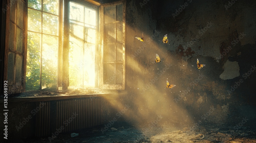 Poster Sunlight streams through a cracked window into a decaying room, casting light on dust particles and delicate butterflies fluttering amidst the decay
