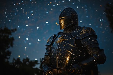 Knight in shining armor under a starry night sky capturing a magical moment
