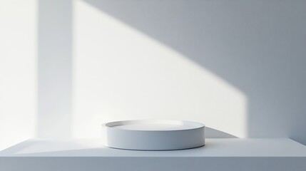 White pedestal display, sunlit studio backdrop, product presentation