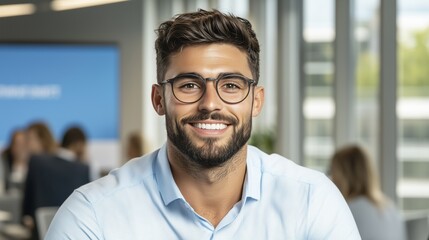 Obraz premium Smiling businessman in modern office showing confidence and charisma