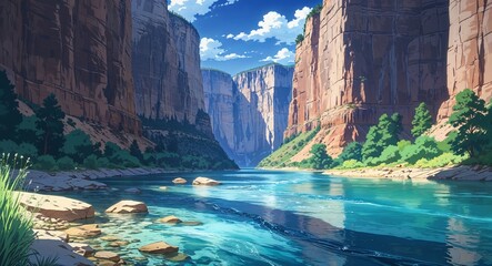Crystal clear river flowing through a deep canyon surrounded by steep cliffs anime cartoon style illustration artwork design background