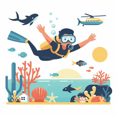 ocean, diver, sea, water, underwater, dive, marine, sport, swim, travel, diving, activity, aquatic, adventure, woman, nature, scuba, deep, tropical, isolated, extreme, leisure, illustration, man, vaca