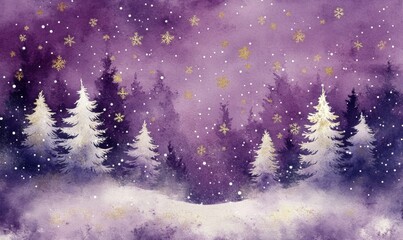 Watercolor illustration of white Christmas trees and snowflakes against a purple background, with golden stars and snow falling in a fantasy winter forest