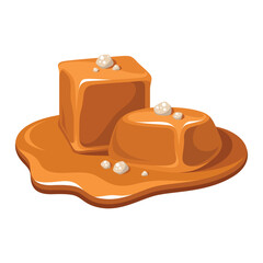 Two cubes of melting salted caramel on a white background surrounded by a shiny puddle, perfect for desserts.