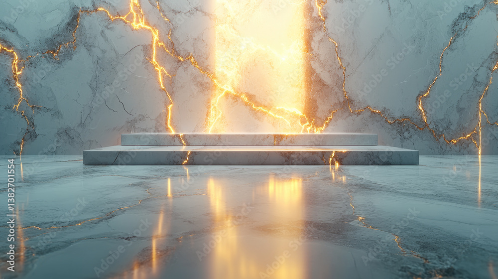 Aufkleber stunning interior scene featuring marble platform illuminated by glowing, golden light. walls are ad