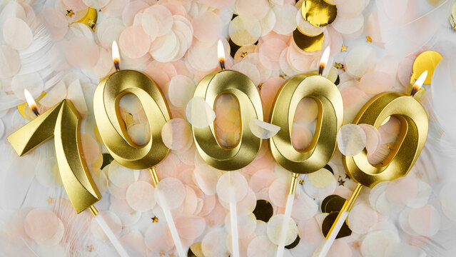 70000 followers card. 70k subscribers and online community fans. Social networks and blogs. Confetti background with candles number 70000 for social media celebration.