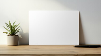 Fototapeta premium A blank horizontal calendar mockup displayed on a wooden desk with a pen and small plant