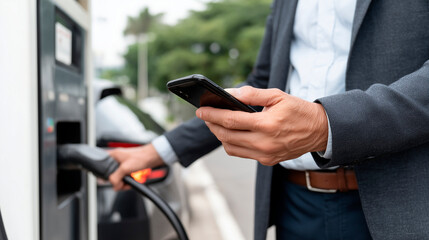 Elektroauto an der Ladesäule per App tanken, Urban, Stadt, elektroauto, laden, e-auto, nachhaltig, mobilität, Smartphone, Mobile, Handy, ladeinfrastruktur, zukunftstechnologie, klimafreundlich
