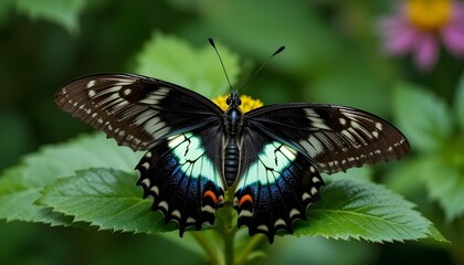 Fototapeta premium Delicate Papilio Polytes Butterfly in Prague Botanical Garden: A Stunning Display of Vibrant Colors