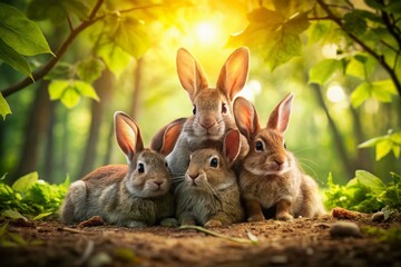 Heartwarming Family of Rabbits Nestled Together in Serene Forest