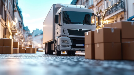 Delivery truck unloading boxes on city street, showcasing bustling urban environment. scene captures essence of logistics and transportation, with focus on efficiency and organization