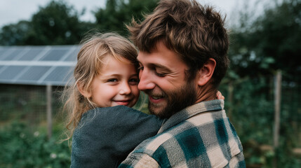 Fototapeta premium Vater und Tochter lächelnd und umarmend vor Solarzellen, Familienfreude, erneuerbare Energie, nachhaltiges Leben, umweltfreundlich, Sonnenlicht, glückliche Vater-Tochter-Beziehung, solar, photovoltaik
