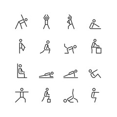 Fitness Exercises, linear style icon set. Various workout and stretching poses. Physical activity for strength, flexibility, and overall health. Push-ups, squats and lunges Editable stroke width