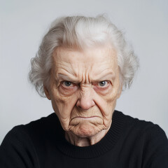old woman angry eyes portrait on white background