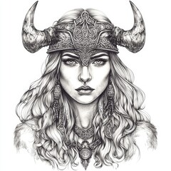 Detailed Viking woman head illustration suitable for tattoo art.