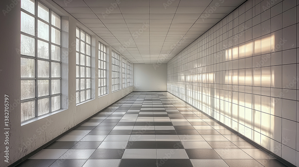 Poster spacious corridor with large windows allowing natural light to illuminate area. floor features black and white checkered pattern, while walls are adorned with white tiles, creating modern