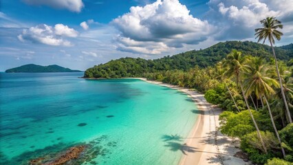 Fototapeta premium Koh Chang Beach Island Satun Thailand A serene tropical beach with turquoise water, lush greenery, and dramatic clouds in the sky.