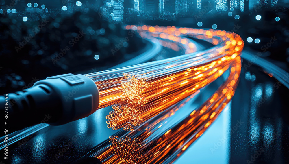 Poster vibrant fiber optic cable illuminated with glowing light, showcasing its intricate design and connec
