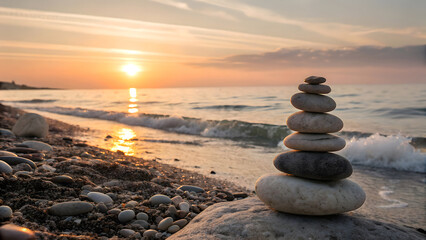 Zen Stone Stack on Seashore at Sunset
