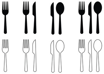 Silverware solid monochrome icon, Fork, Spoon and Knife icon set, collection.