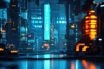 Futuristic cityscape featuring neon lights and advanced technology at night