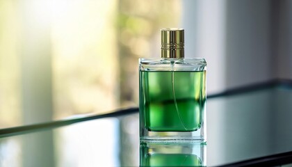 Elegant Blank Perfume Bottle Mockup with Green Liquid in a Cool Temperature. Perfume with Mirror Background and Natural Daylight.