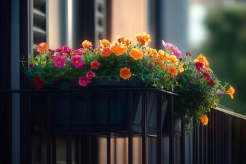Fototapeta premium Colorful flowers in a window box on a balcony, perfect for spring or summer decoration