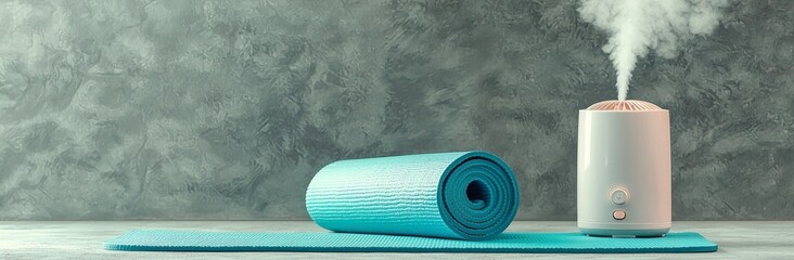 A rolled blue yoga mat and essential oil diffuser with ultrasonic and humidifying aromatherapy capabilities promote a superior meditation, fitness, and exercise experience, ideal for active