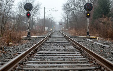 Train Tracks Receding into Foggy Winter Landscape