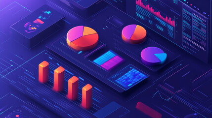 Market forecast banner. Economy analysis, financial strategy, research business opportunities. Vector landing page with isometric illustration of charts, growth graph and people