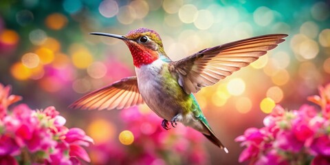 Fototapeta premium Hummingbird Macro Double Exposure: Bokeh Blurred Floral Background