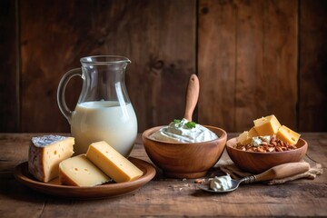Rustic Dairy Assortment on Wooden Surface