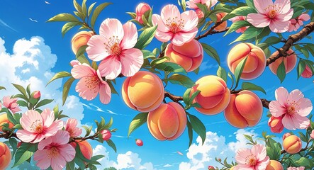 Freshly blossomed peach flowers with a bright blue sky backdrop anime cartoon style illustration artwork design background
