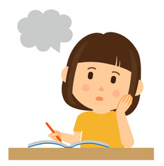 子供女子勉強考え中小学生黄色ペン頬杖吹き出し